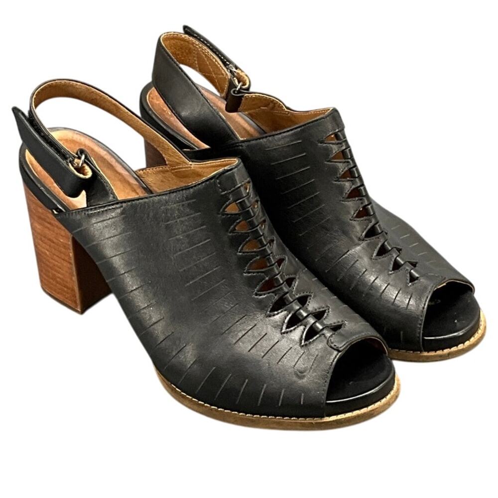 Clarks Artisan Briatta Slingback Black Leather Block-Heel Peep Toe Mule 10M